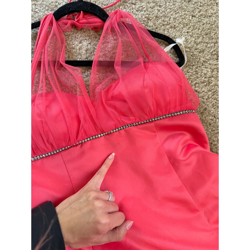 Vintage Y2K 90s Onyx Nite Pink Sheer Rhinestone Halter Dress - Picture 11 of 14